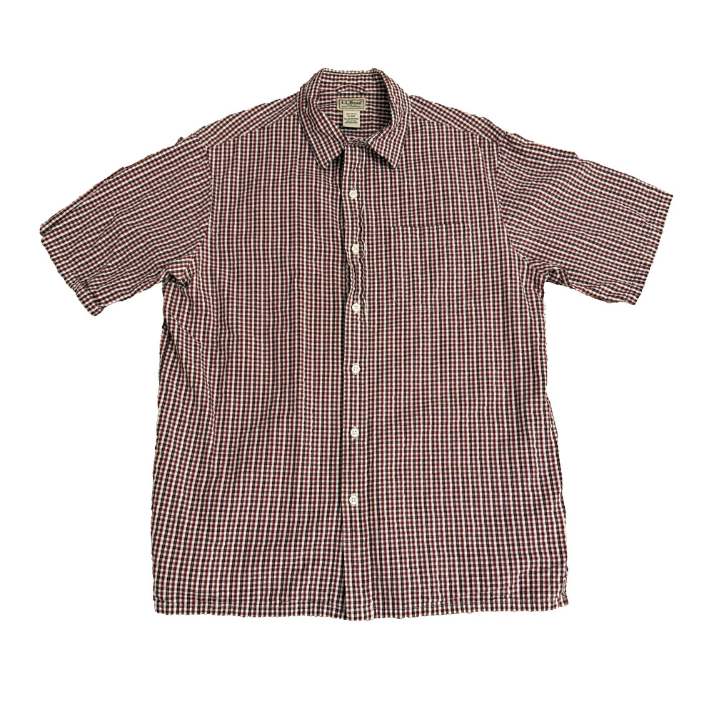 L.L. Bean Men's M Red White Gingham Check Cotton Button Shirt Short Sleeve 26456